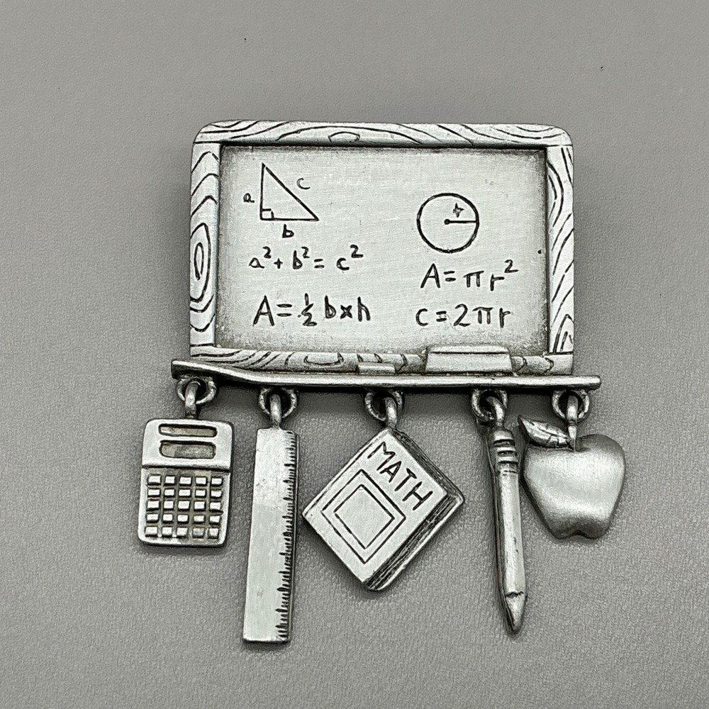 JJ Brooch Pin Women Silver Tone Vintage Math Teacher Blackboard School Charms